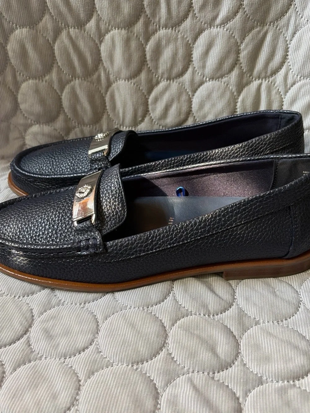 Anne Klein Navy Pebbled Leather Loafers with Gold Accent